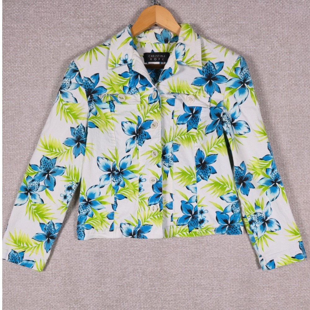Christina Hope Womens Floral Denim Jacket Blue Green Tropical‎ Palm Print Size M